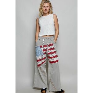 POL American Wide Leg Striped Flag Patch Cotton Denim Pants Small